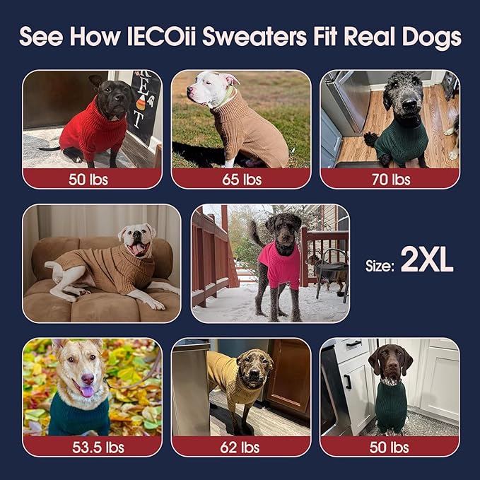 IECOii XXL Dog Sweater,Thermal Knit Big Dog Sweater with Sleeve,Pet Turtleneck Doggy Sweatshirt for Extra Large Dogs Boy Girl,Stretchy Large Dogs Cold Weather Outfit Pitbull Clothes,(Light Grey,XXL)