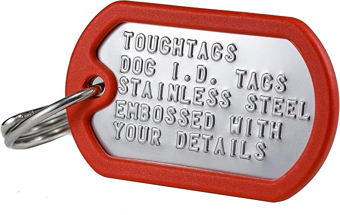Dog Tags for Dogs, Custom Dog Collar ID Tag Personalized for Pets - Super Tough, Quiet Embossed Military Style Stainless Steel Dog Name tag (Red)