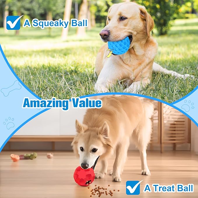 2 Pack Indestructible Dog Toy Balls for Aggressive Chewers, Interactive 3.15”Squeaky Dog Balls and 3.54”Treat Dispensing Ball to Keep Them Busy, Chew Toys for Large Dogs, Enrichment Toy