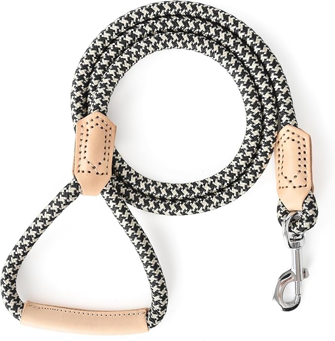 Mile High Life Rope Leash with Genuine Leather Grip and Connection, 6 FT/5 FT/4 FT, Heavy Duty Leash for Small Medium & Large Dogs(Black Khaki,48 Inch)
