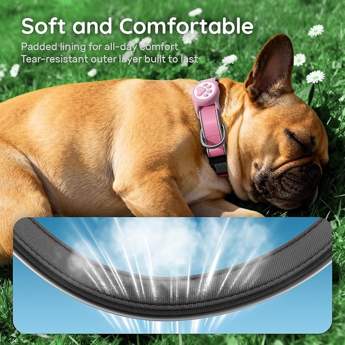 Airtag Dog Collar, IPX8 Waterproof Air Tag Dog Collar Holder | Reflective Ultra-Durable | Soft Padded | Safety Locking Buckle | Fit Miedium Dogs (Neon Pink M(12.6"-19.6"))