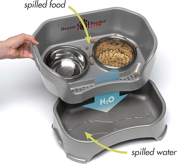 Neater Feeder Deluxe Mess Proof Dog Bowls Elevated for Small Breeds – Made in USA – No Spill Raised Dog Food Bowl Stand w/Leg Extensions – Stainless Steel Dog Food and Water Bowl Set – Grey