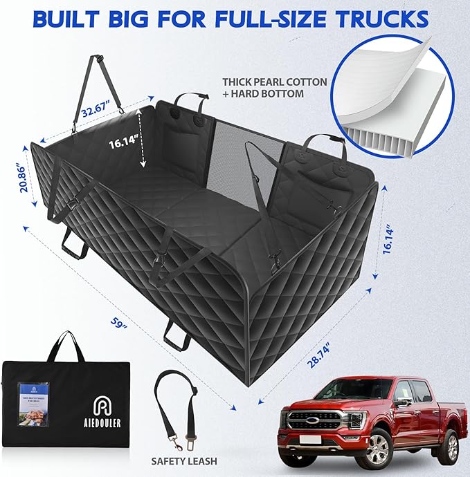 Truck Dog Seat Cover Back Seat, Hard Bottom Dog Hammock for Car, Waterproof XL Large Soft Pet Extender Travel Bed Supports 400lbs, Durable Platform Protector Full Size Crew Cab Rear Seat