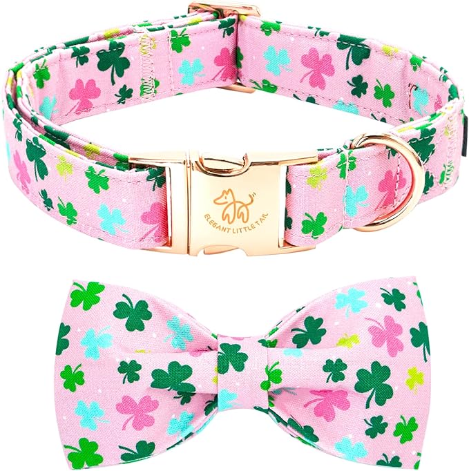 Elegant little tail St Patrick's Dog Collar, Lucky Colver Cotton Shamrock Pet Collar Trefoil Puppy Collar Bow Holiday Adjustable Cotton Pet Collar with Bow for Small Medium Large Dogs