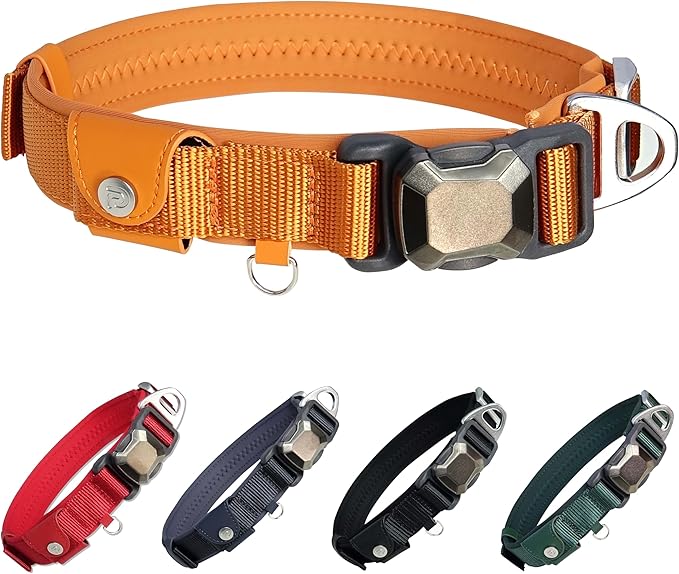 Upgraded Airtag Dog Collar, Adjustable Dog Collar with 450LB Escape-Proof Magnetic Buckle, Soft Anti-Wrinkle, Bite & Stain-Resistant Leather (Amber Glow, M)