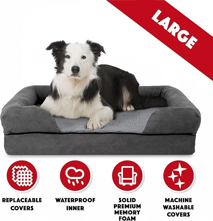 The Dog’s Bed Orthopedic Memory Foam Dog Bed with Bolsters, Plush Fabric, Grey Plush, Large (No Logo)