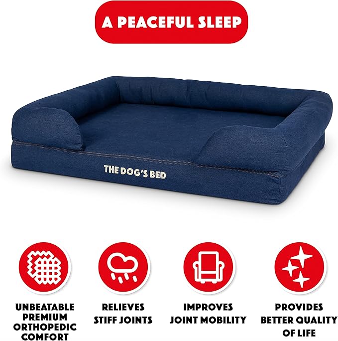 The Dog’s Bed Orthopedic Memory Foam Dog Bed with Bolsters, Oxford Fabric, Blue Denim, Large