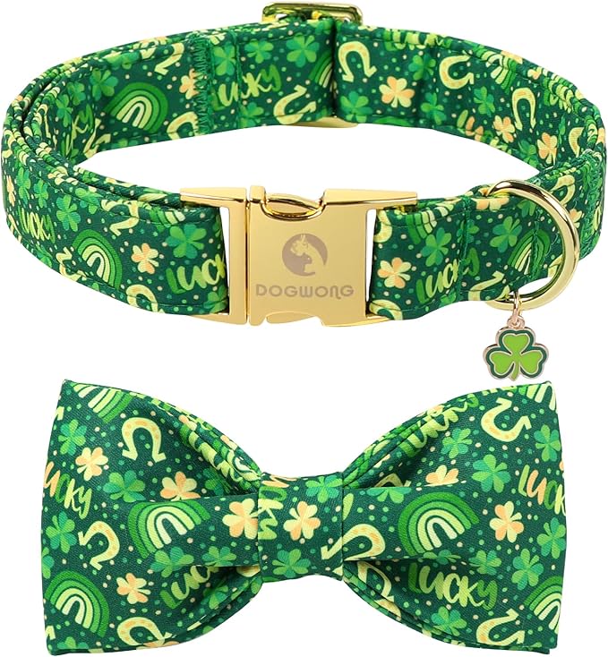 DOGWONG St. Patrick's Day Dog Collar with Bow Tie- Lucky Shamrock Bowtie Collar for Girl Boy Dog, Trefoil Dogs Collars Durable Adjustable, S