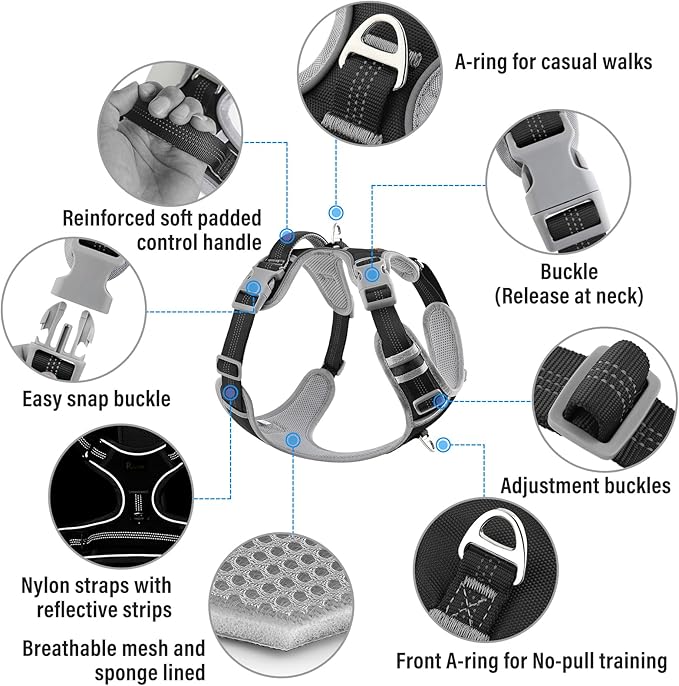 Plutus Pet No Pull Dog Harness, Release at Neck, Reflective Adjustable Dog Vest Harness, Easy Control Handle for Walking, for Small Medium Large Dogs, Black, S