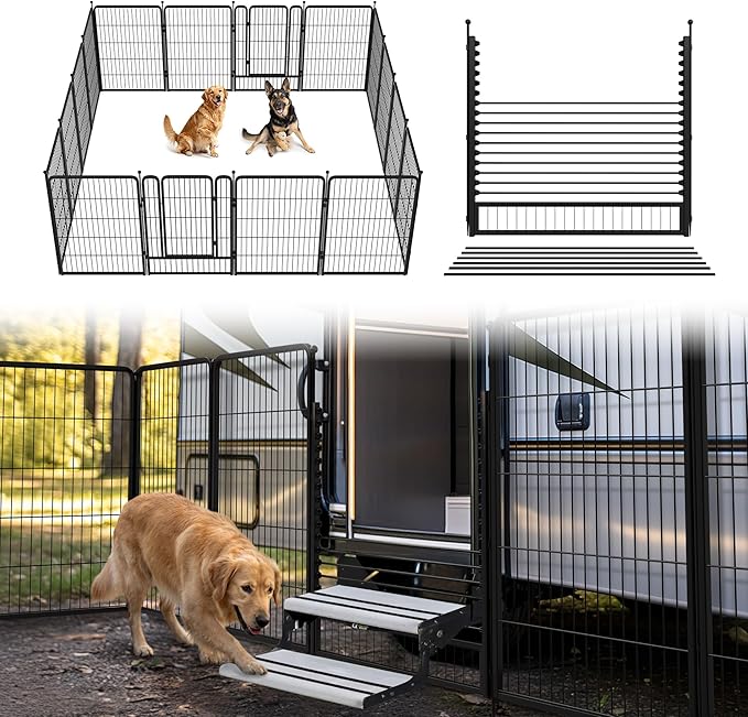 FXW Rollick Unleashed Dog Playpen for Indoor, Yard, RV Camping, 40 inch 16 Panels Dog Pen with RV Step Grid for Medium and Large Dogs, Black│Patented