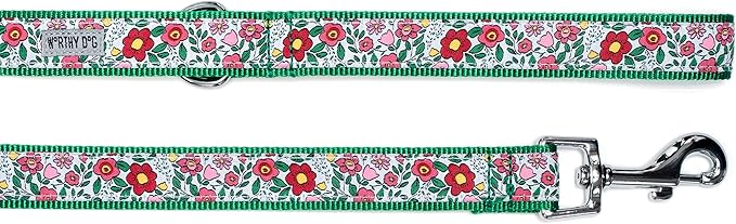 THE WORTHY DOG 5 FT Nylon Dog Leash for Medium to Large Dogs, Metal Quick Clip, Spring Garden Floral Pattern, Coral, Large