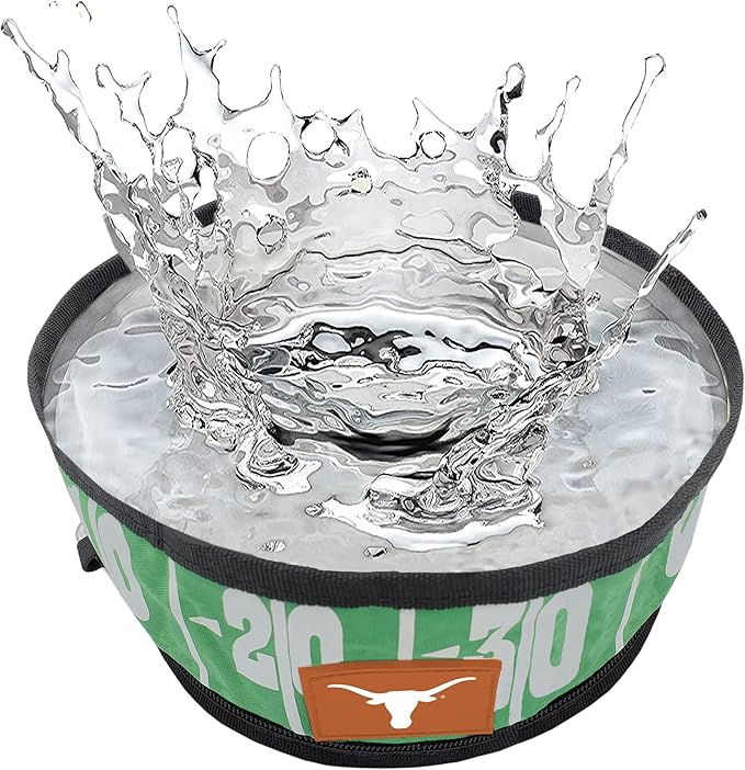 Pets First NCAA Texas Longhorns Collapsible Dog Travel Bowl, Food and Water Bowl for Dogs & Cats. Lightweight Leak-Proof Pet Bowl for Travel with Football Field & Pebble-Grain Design