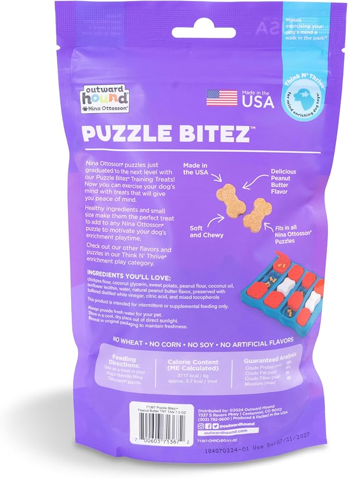 Outward Hound by Nina Ottosson Puzzle Bitez USA Made Dog Treats, Peanut Butter Flavor, Bite-Sized Training Reward and Interactive Puzzle Toy Treats, 7.5oz