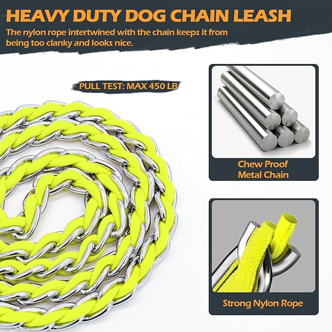 Chain Dog Leash Chew Proof Metal Leash for Medium Large Dogs, Chain Link Dog Anti Chew 5.2FT / 4FT Strong Anti Bite Comfortable Soft Padded Handle (Yellow, 4FT(5-30lb))