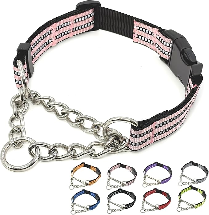 Martingale Dog Collars, Reflective Nylon Collar with Stainless Steel Chain, Adjustable Walking Training Dog Collars with Quick Release Buckle, Suitable for Small Medium Large Dogs(Pink,L)