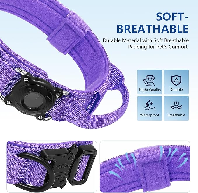 Waterproof AirTag Dog Collar - Tactical Military Collar with Secure Hard PC Holder & Comfort Handle for Medium Large Dogs,Smart ID tag (Purple, L)