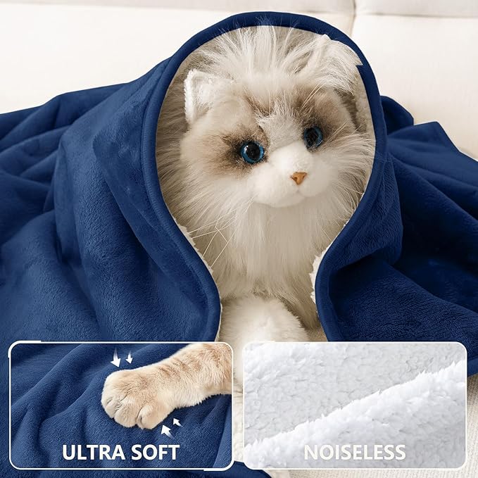 Smiry Waterproof Dog Bed Blanket, Leakproof Pet Throw Blanket for Bed Couch Sofa, Reversible Sherpa Fleece Furniture Protector Cover for Small Medium Large Dogs Cats (Navy Blue, 50x60 inches)