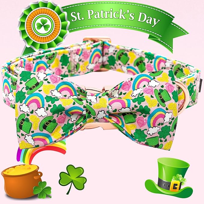 Elegant little tail St. Patrick's Dog Collar, Green Clover Print Sturdy Soft Dog Collars Pet Gift Puppy Bowtie Adjustable Pet Collars for X-Small Dogs