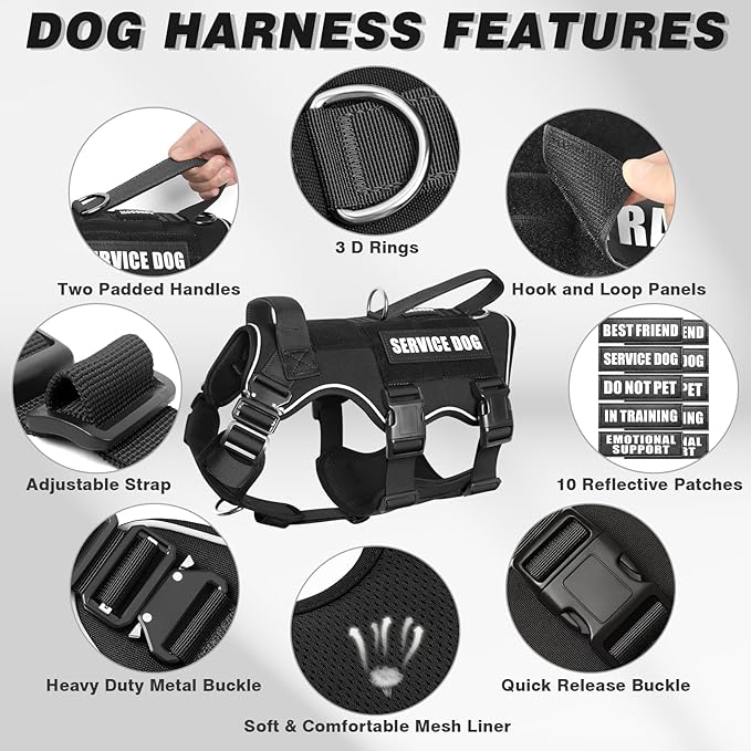 Tactical Service Dog Vest and Leash Set,Heavy Duty Harness with Metal Buckles for Medium Sized Dogs,Adjustable No Pull Pet Vest with Patches for Training Working,Black M