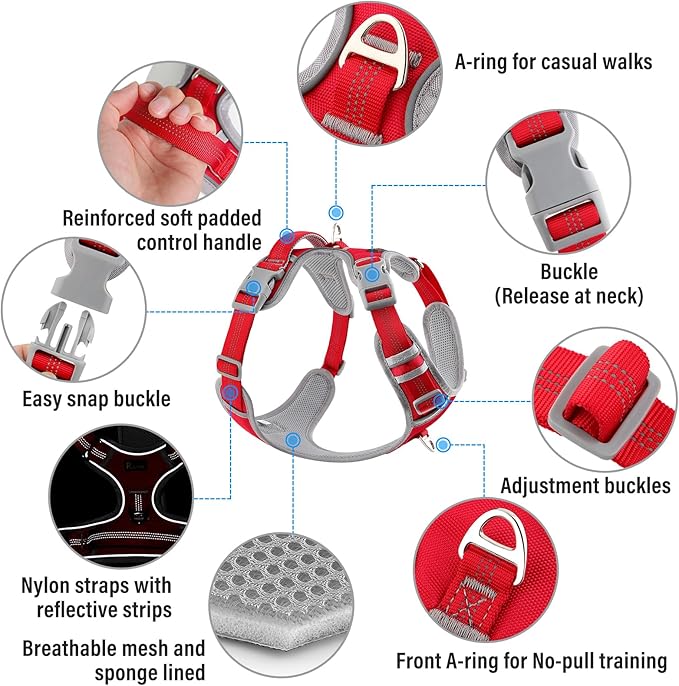 Plutus Pet No Pull Dog Harness, Release at Neck, Reflective Adjustable Dog Vest Harness, Easy Control Handle for Walking, for Small Medium Large Dogs, Red, L