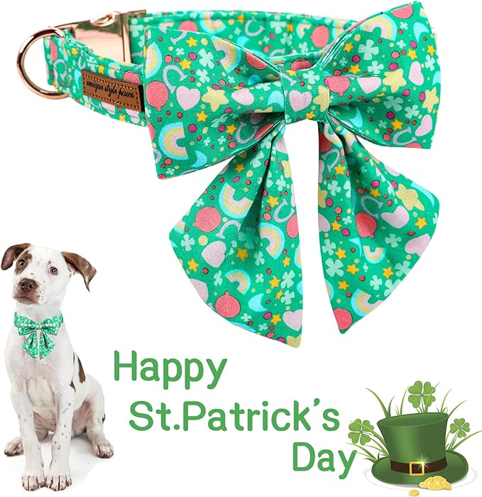 Unique style paws St. Patrick's Day Dog Collar with Tie Rainbow Clover Heart Puppy Collar for Small Medium Large Boys Girls-S