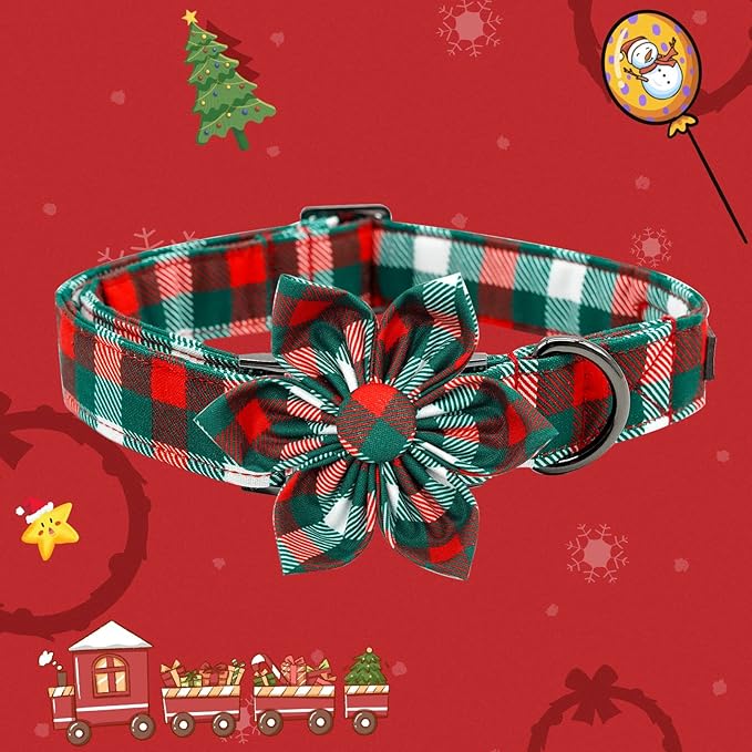 Elegant Little Tail Flower Dog Collar - Adjustable Plaid Christmas Collar for X-Small Puppy