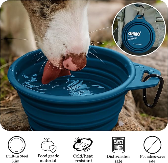 OHMO Collapsible Dog Water Bowls w/Built-in Stainless Steel Ring – 2pcs Large 27oz/800ml Portable Silicone Pet Feeding Bowl for Hiking, Camping, Travel