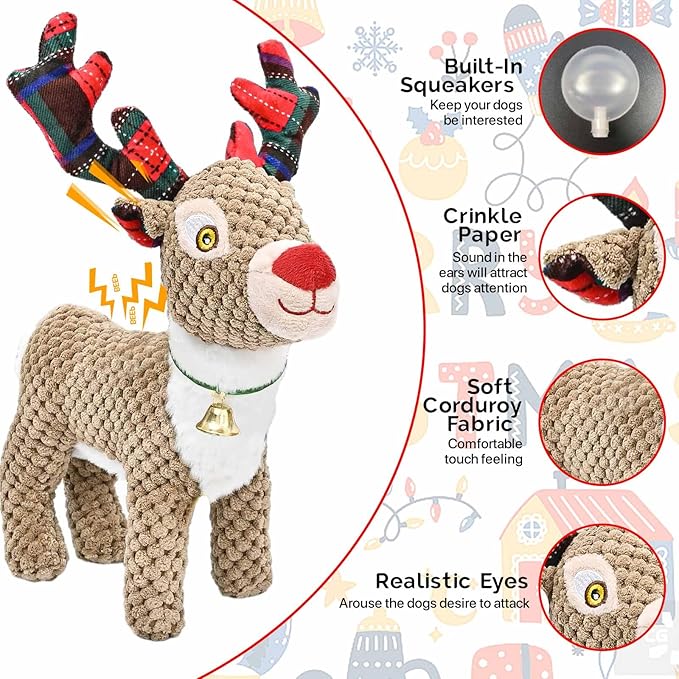 Christmas Dog Toys for Large Breed, Plush Squeaky Stuffed Animals Interactive Medium & Small Dog Toys, Funny Cute Puppy Toys, Dog Birthday Gifts for Dog Presents