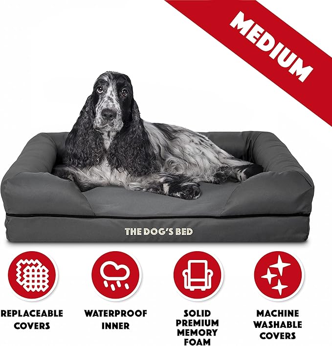 The Dog’s Bed Orthopedic Memory Foam Dog Bed with Bolsters, Oxford Fabric, Grey with Black Trim, Medium