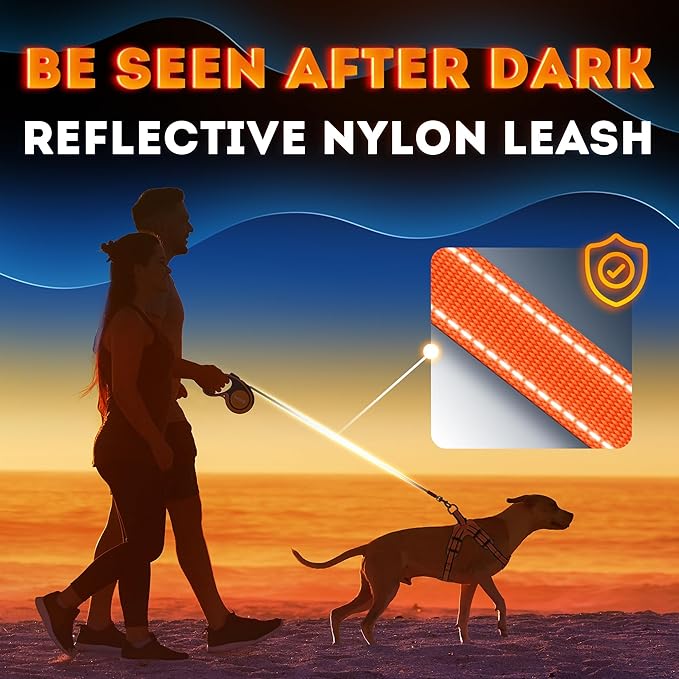 Retractable Dog Leash 18.2 ft – Chew Proof Cable Included – 360° Tangle-Free Design – Heavy Duty Reflective Leash – Soft Anti-Slip Grip Outdoor for Small Medium & Large Dogs up to 110 lbs (Orange)