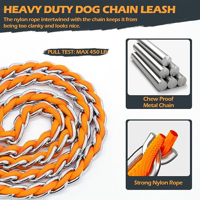 Chain Dog Leash Chew Proof Metal Leash for Medium Large Dogs, Chain Link Dog Anti Chew 5.2FT / 4FT Strong Anti Bite Comfortable Soft Padded Handle (Orange, 5FT(5-30lb))