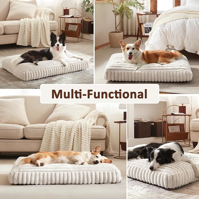 XL Dog Bed, Flat Pet Beds with Removable Washable Cover, Pet Mat Cute Dog Crate Bed Thick Shredded Chopped Crate Foam & Anti Slip Bottom for Indoor, 42"x27"x4" Cream