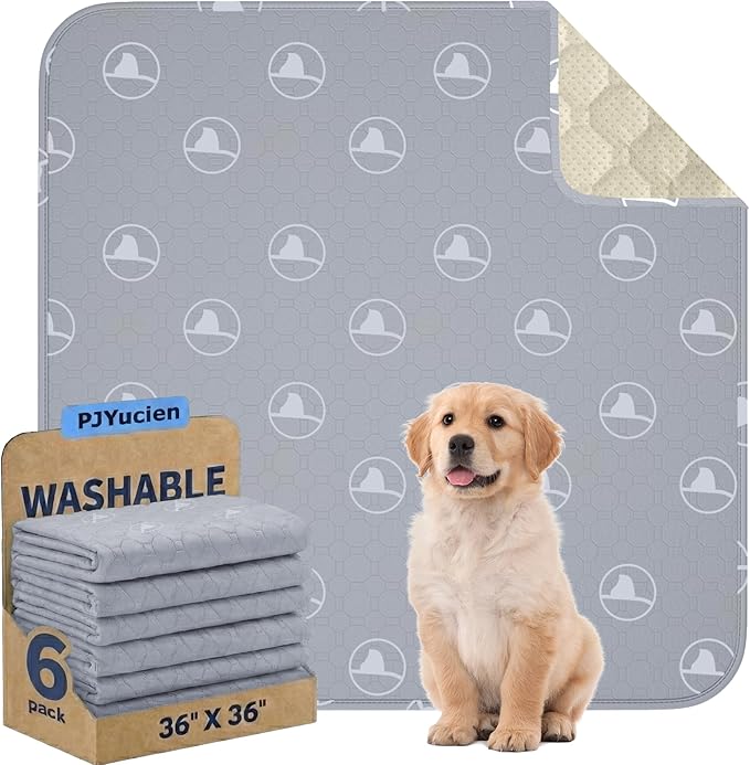 PJYuCien Washable Pee Pads for Dogs 6 Pack, 36" x 36" Non-Slip and Leak-Proof Pee Mat, Puppy Training Pads for Whelping, Playpen, Crate, Bed (Grey)