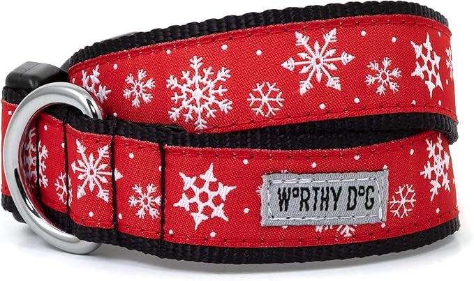 THE WORTHY DOG Adjustable Holiday Dog Collar for Large Dogs, Durable Nylon Webbing, Quick Release Buckle, Let It Snow Christmas Pattern, Red, X-Large