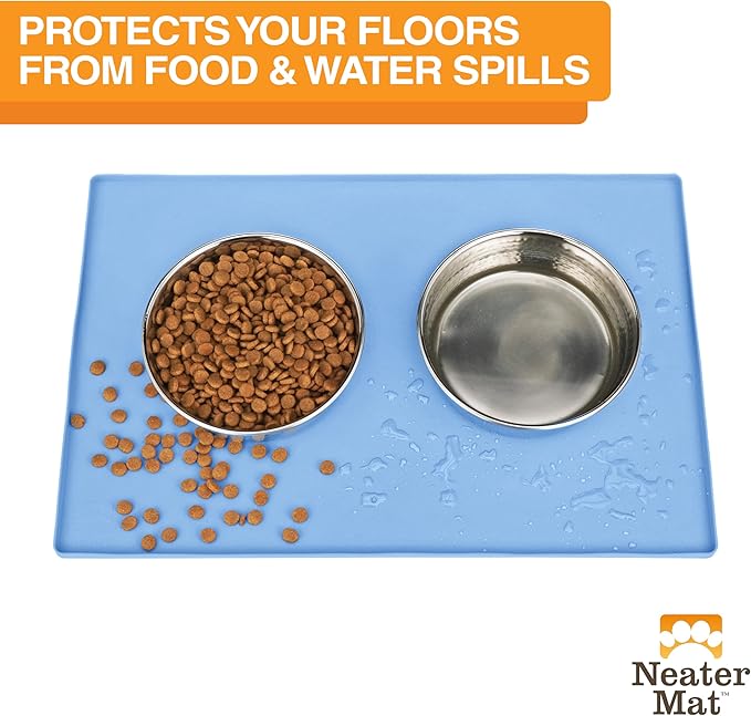 Neater Pet Brands Neater Mat Pet Mats for Food and Water, Cat & Dog Bowl Mat Waterproof Silicone, Feeding Tray, Dog Food Mats for Floors, Placemat w/Raised Edge for Under Bowls, 32" x 24", Light Blue