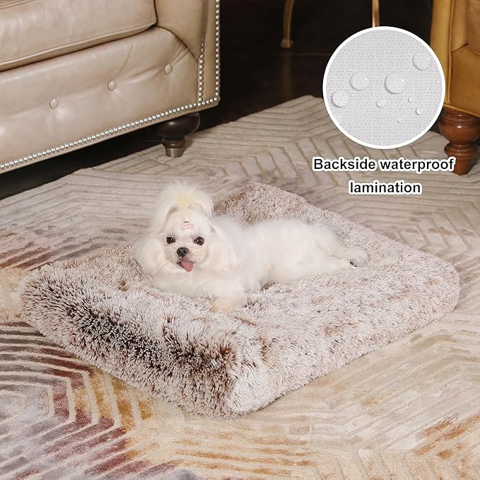 Bedfolks Waterproof Dog Crate Bed, Plush Dog Kennel Pad with Removable Washable Cover, Faux Fur, 17"x12", Brown
