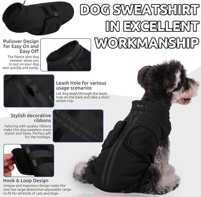 Queenmore XXS Dog Sweaters, Soft Fleece Vest Pullover Pet Jacket with Leash Hole, Warm Winter Dog Clothes Cold Weather Doggy Dachshund Sweater for Small Dogs Cats Boy or Girl (Black, XXS)