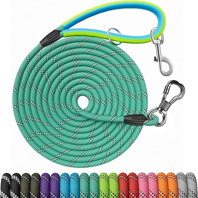 Long Dog Leash for Dog Training 10FT/15FT/20FT/30FT/40FT/50FT/100FT Reflective Leash with 2 Hooks, Heavy Duty Dog Lead for Large Medium Small Dogs Outside Walking Camping Yard,Teal 50FT