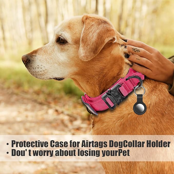 Tactical Dog Collar and Bungee Leash,Military Dog Collar & Leash Set with USA American Flag Adjustable K9 Collar with Heavy Duty Metal Buckle & Handle,with Patches and Airtags Case (Pink(1PCS), XL)