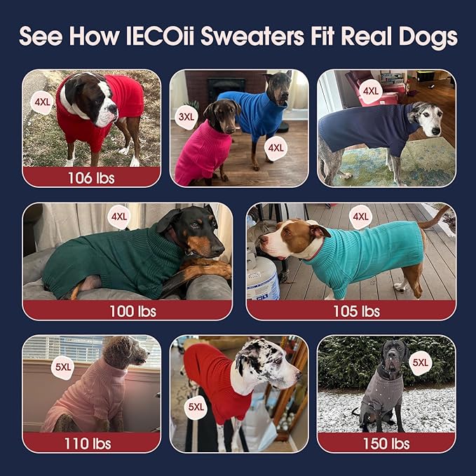 IECOii Great Dane Sweater,5XL Extra Large Sweater for Giant Breed Dogs in Winter,Turtleneck Cold Weather Knit Clothes,Machine Washable,Elastic Pullover for Saint Bernard,Mastiff (Red,XXXXXL)