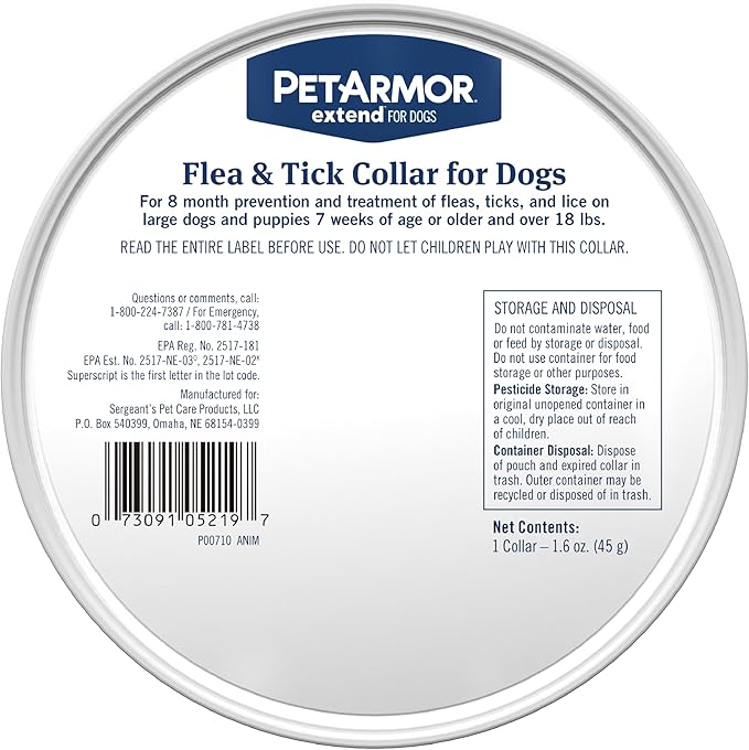 PetArmor Extend Flea & Tick Treatment & Prevention Collar for Large Dogs Above 18 lbs., 8 Months of Protection, Odorless & Non-Greasy, Waterproof, Kills Fleas, Ticks, and Flea Larvae, 2 Count