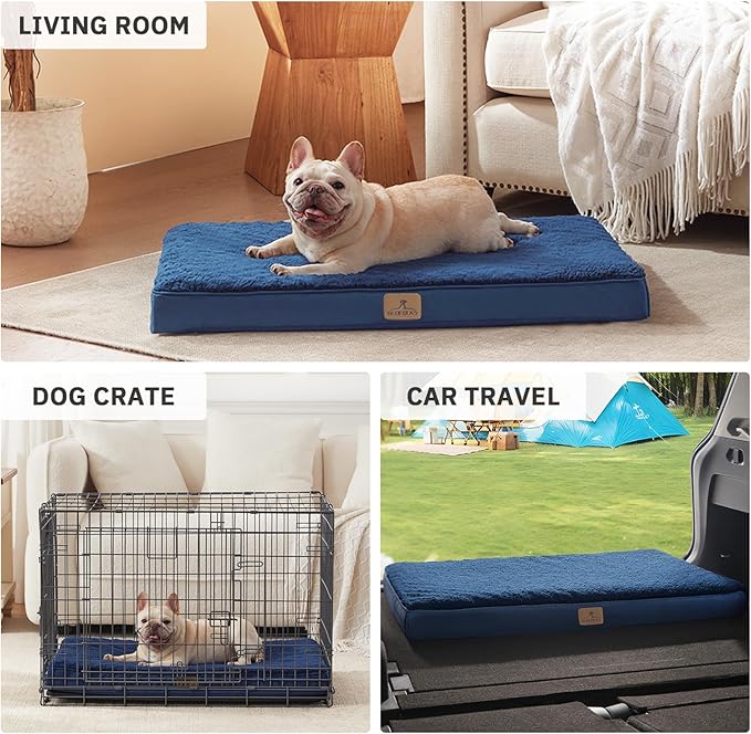 Bedfolks Orthopedic Dog Bed for Large Dogs - Egg Foam Dog Crate Bed with Removable Waterproof Cover, Pet Bed Mat Suitable for Dogs and Pets Up to 50 lbs (35 x 22 x 3 inches, Navy)