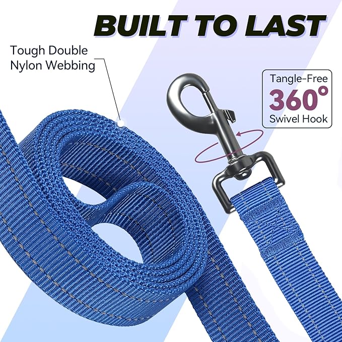 VIVAGLORY Twingrip Dog Leash, Double Handle Dog Leash for Training & Walking with Traffic Handle & 2 Loop, Traffic Control Reflective Heavy Duty for Puppy Pet, 6ft x 1in, Blue