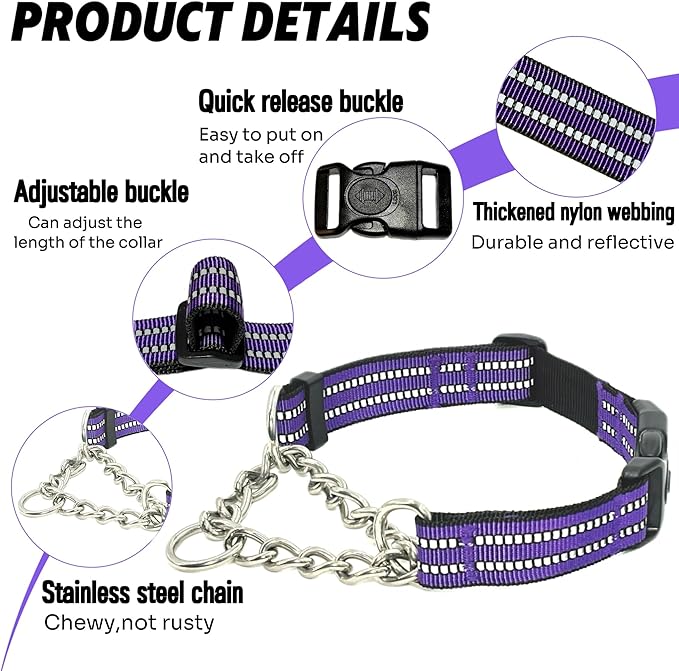 Martingale Dog Collars, Reflective Nylon Collar with Stainless Steel Chain, Adjustable Walking Training Dog Collars with Quick Release Buckle, Suitable for Small Medium Large Dogs(Purple,S)