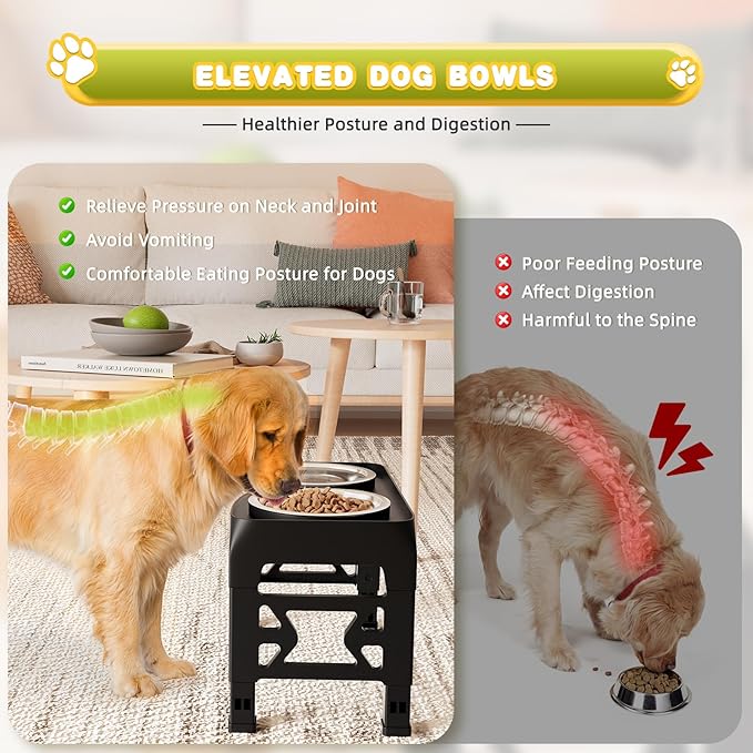 Elevated Dog Bowls for Medium Large Dogs - 5 Height Adjustable Mess Proof Raised Bowl Stand with 2 44oz Stainless Steel Food Bowls Dish Set Adjusts to 3.54’’-12.13’’ Non-Slip Black (DB-B)