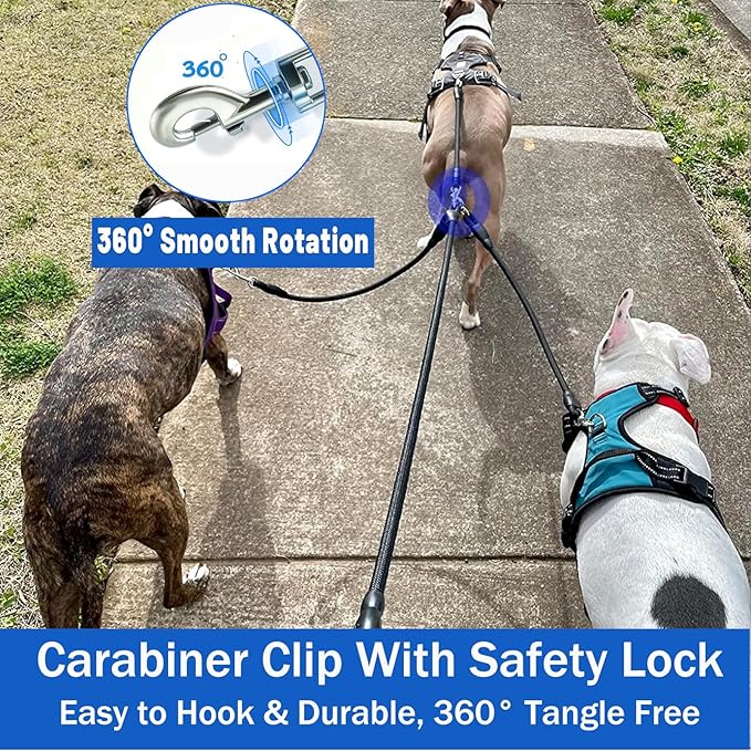 Heavy Duty 3 Dog Leash for Large Dogs No Tangle Detachable 360° Swivel Device with Padded Handle for Two/Three Pets