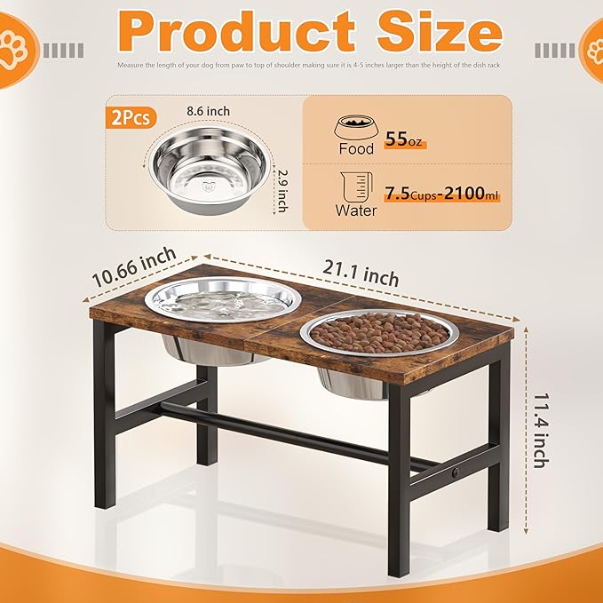 Piskyet Large Elevated Dog Bowls, Metal Raised Dog Bowl Stand with 304 Stainless Steel Bowls (7.5 Cups - 55oz), Non-Slip Tall Stand for Large Breed Dogs
