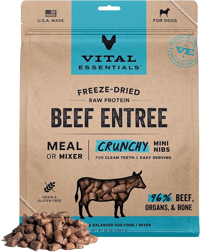 Vital Essentials Freeze Dried Dog Food, Raw Beef Crunchy Mini Nibs | Complete Meal or Mixer | High Protein, Low Carb, Grain Free, Dry Dog Food | 25 oz