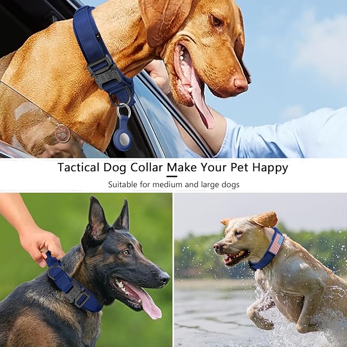 DAGANXI Tactical Dog Collar, Adjustable Military Training Nylon Dog Collar with Control Handle and Heavy Metal Buckle for Medium and Large Dogs, with Patches and Airtags Case (Midnight Blue, M)