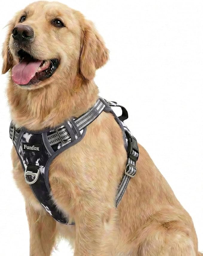 Funfox Dog Harness No Pull, Adjustable Pet Vest Harness, Super Soft Material with Vertical Handle Easy Control, Reflective Night Walking, 2 Leash Clips for XLarge Dogs, Misty Gray, XL